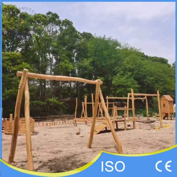 Log Swing Set and Climbing Net Structure