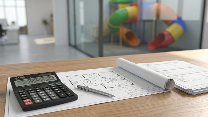 Calculator And Floor Plan Blueprints On Desk