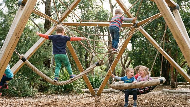 Children using a multi user rope climbing structure