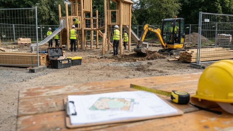 Construction site of a new playground with planning documents