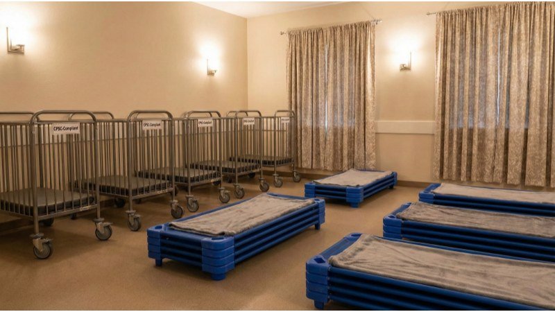 Daycare Sleep Area With Steel Frame Evacuation Cribs And Stackable Cots