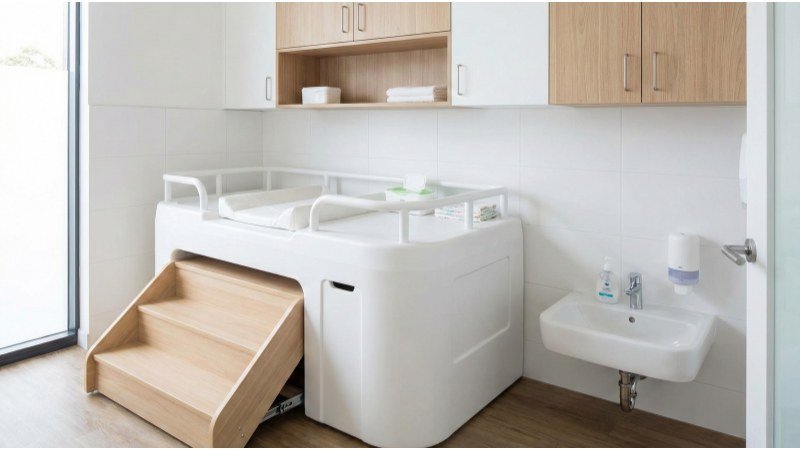 Ergonomic Diaper Changing Station With Retractable Steps And Low Sink