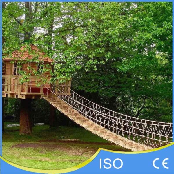 Garden Rope Bridge Spanning Green Lawn Garden Rope Bridge Spanning Green Lawn