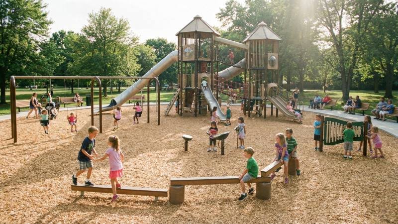 Modern Commercial Outdoor Playground Overview Sunny Day