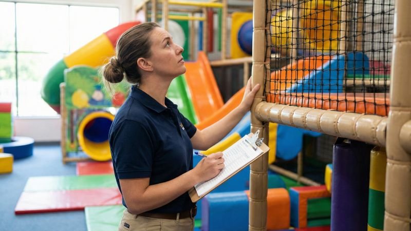 Playground Manager Performing Safety Inspection With Clipboard