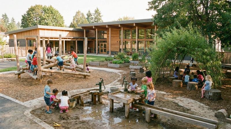 Preschool children playing on a nature based outdoor playground