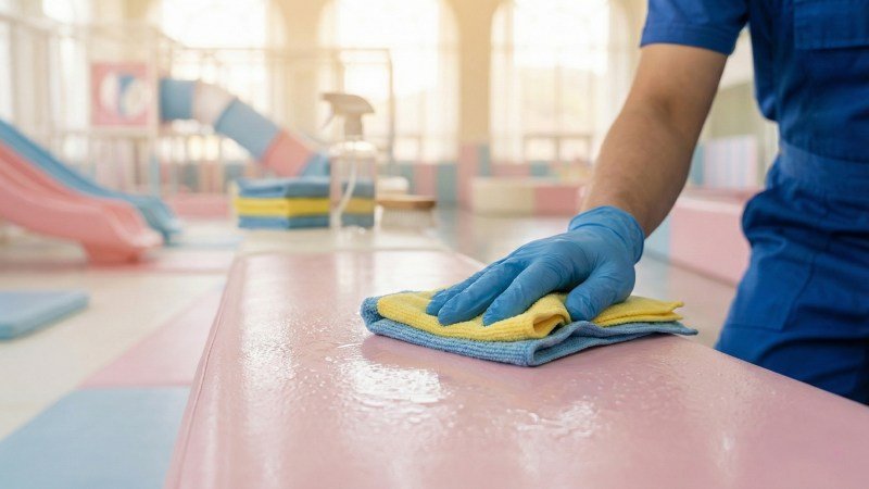Professional Staff Wiping Indoor Playground Slide With Microfiber Cloth