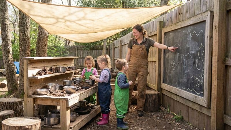 Teacher and students in an outdoor classroom with a mud kitchen