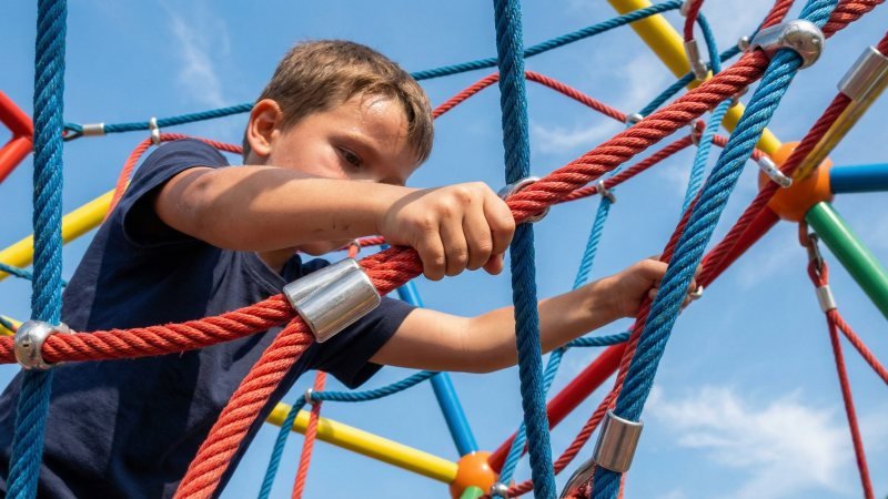 Child Climbing Rope Net Obstacle Course