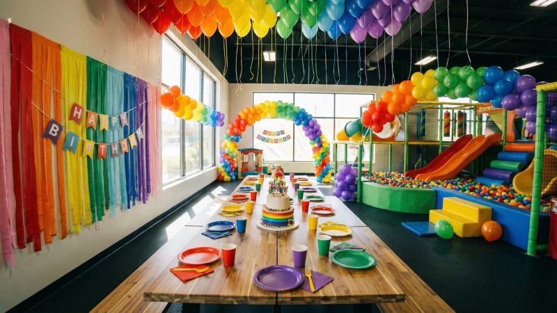 Empty Decorated Birthday Party Room With Balloons And Cake