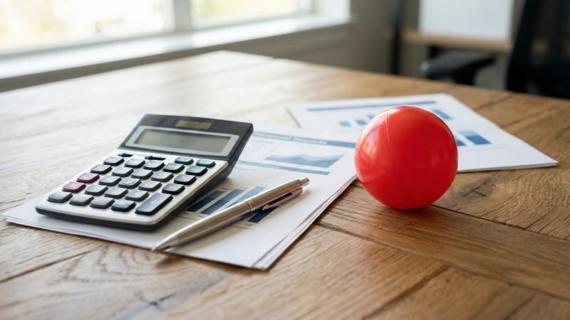 Financial Calculator And Documents Next To Colorful Play Ball