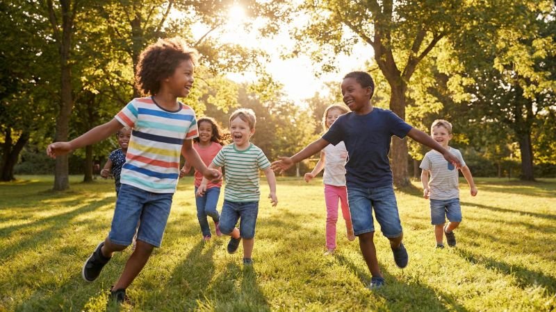 Group Of Children Playing Tag On Grass