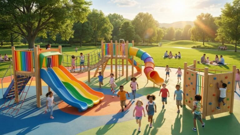 Happy Kids Playing On Outdoor Playground Equipment