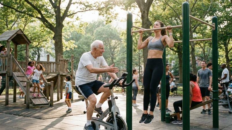 Intergenerational Social Interaction At Outdoor Fitness Park
