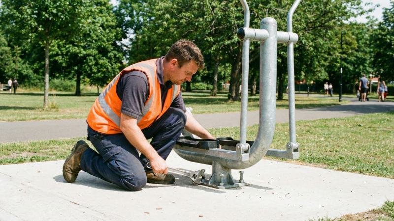 Maintenance Technician Inspecting Outdoor Gym Equipment Anchors