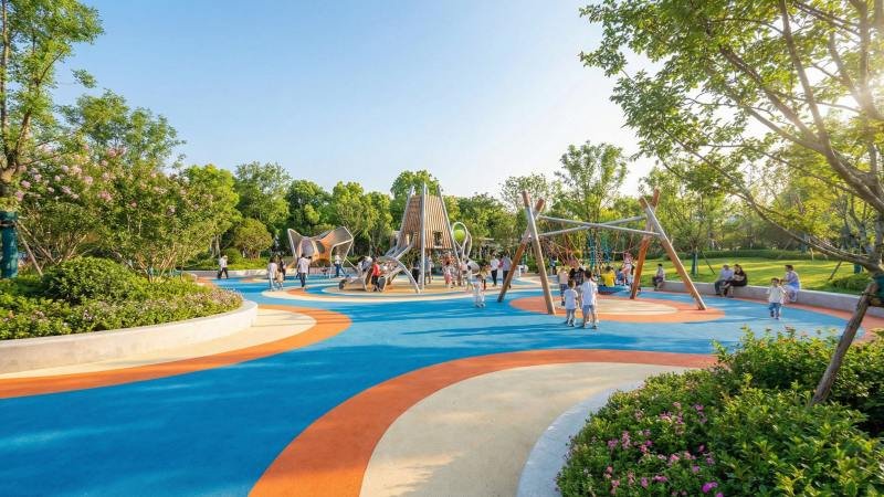 Modern Commercial Outdoor Playground With Colorful Rubber Flooring