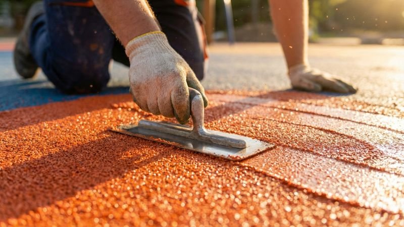 Professional Worker Installing Poured In Place Rubber Surface