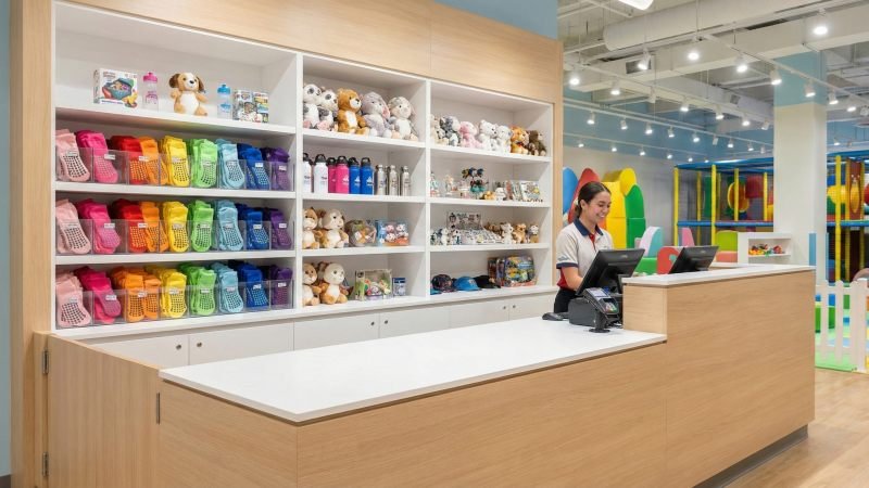 Reception Counter Displaying Grip Socks And Merchandise For Sale