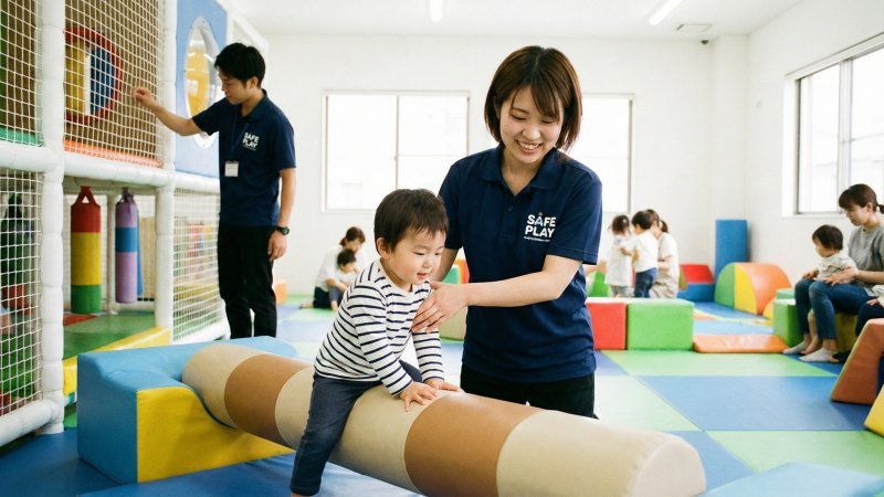 attentive playground staff member assisting child and checking safety equipment