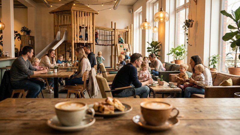 busy family cafe with wooden play area
