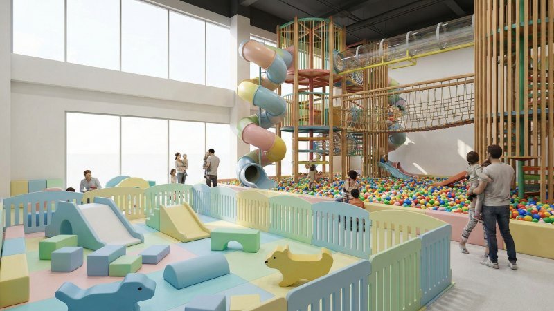 colorful 3d visualization of multi-level indoor playground design with separate zones