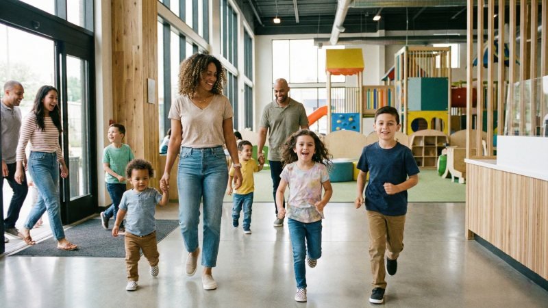 diverse families with children of different ages entering play center