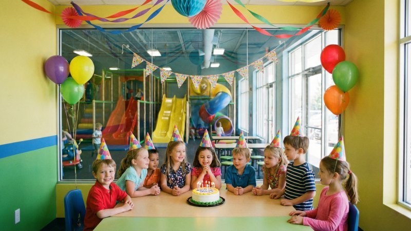 happy children celebrating in a decorated birthday party room inside play center
