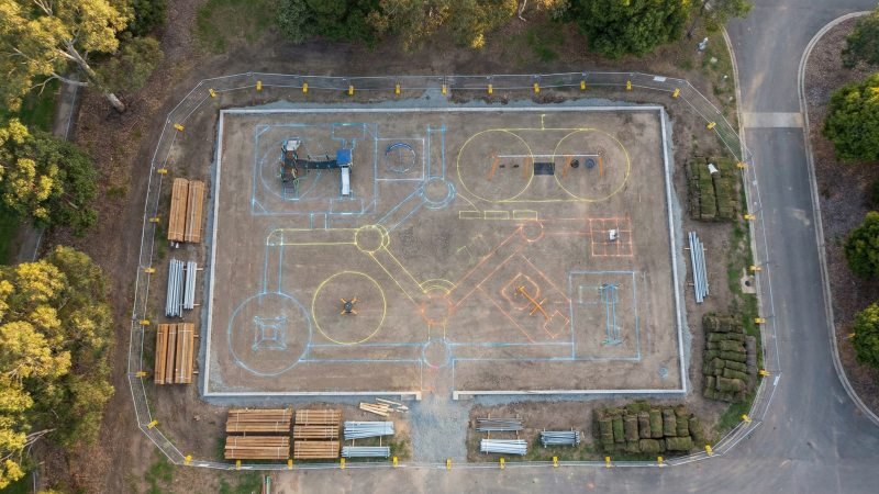 Aerial view of playground site planning and safety zones