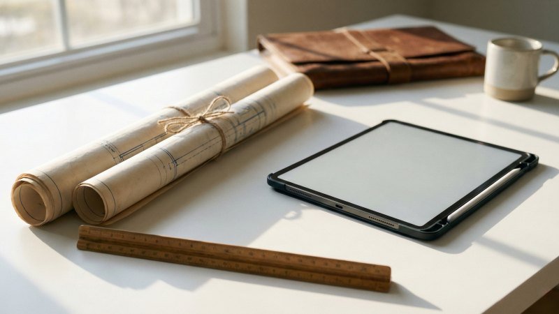 Architectural Blueprints and Design Tools on Business Table