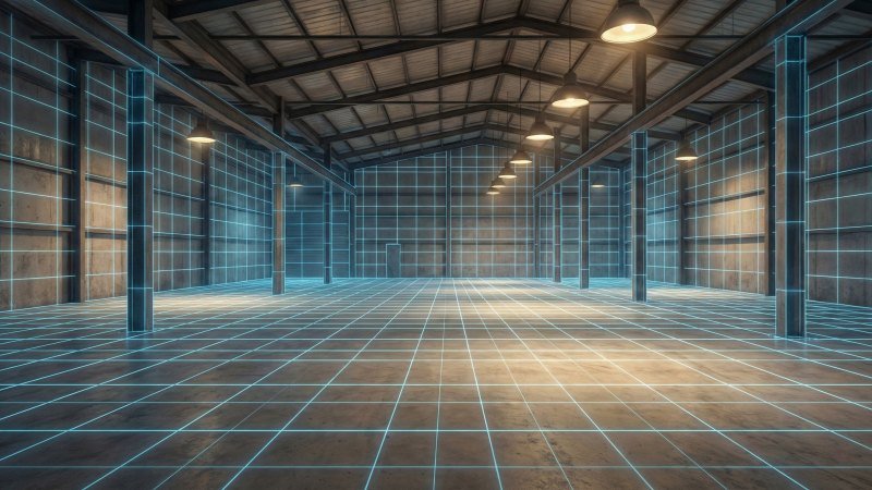 Empty Commercial Space with Digital Planning Grid Overlay
