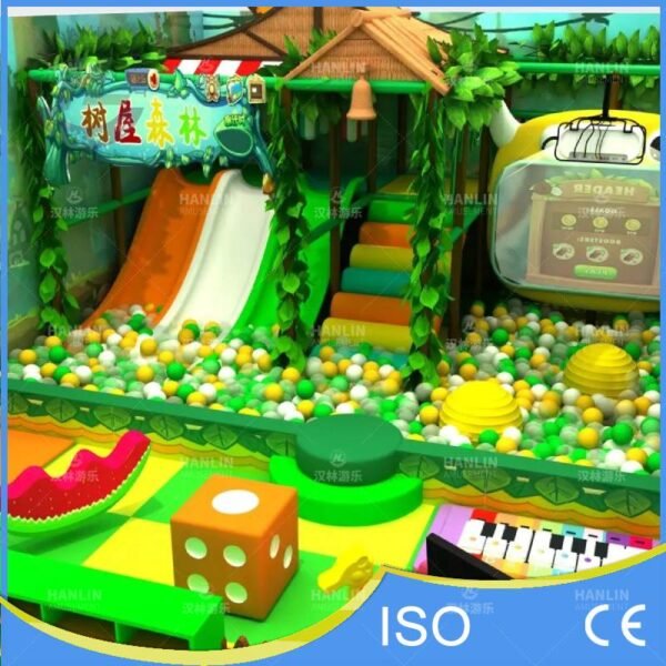 Green Jungle Playground Trampoline And Electronic Floor Piano Close Up