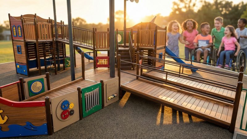 Inclusive playground design with wide wheelchair ramps and pirate ship theme