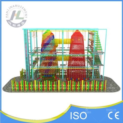 Indoor Adventure Rope Course With Red And Rainbow Nets Front View