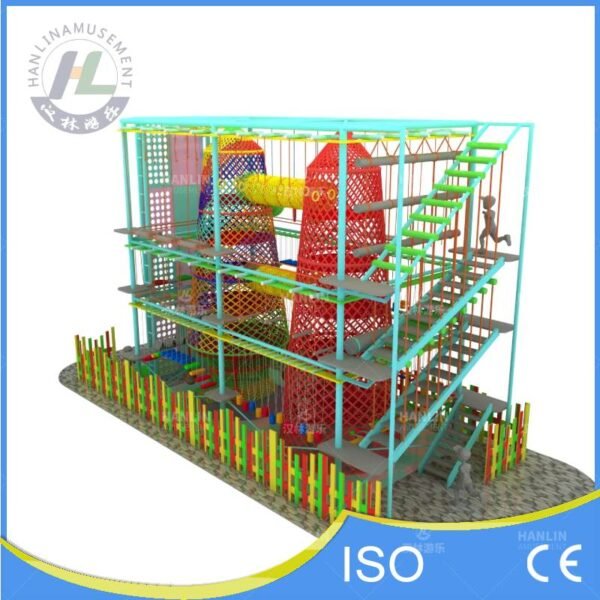 Multi Level Indoor Obstacle Course With Yellow Net Tunnel Bridge