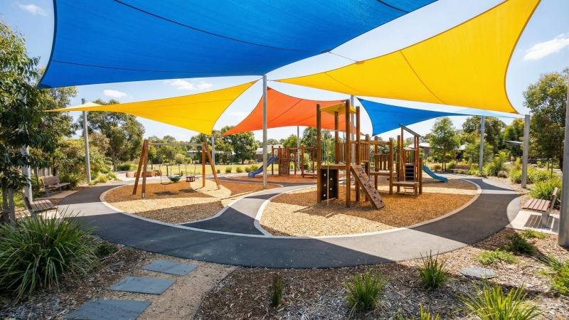 Organized Playground With Shade Sails And Safety Surfacing
