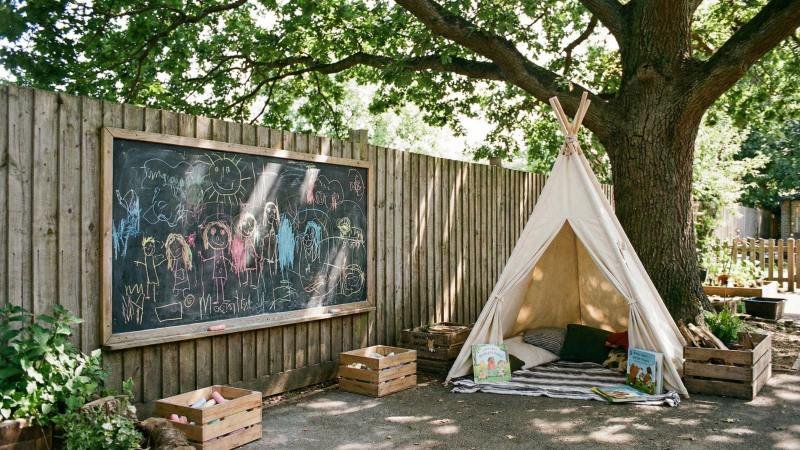 Outdoor Chalkboard On Fence And Reading Nook Tent