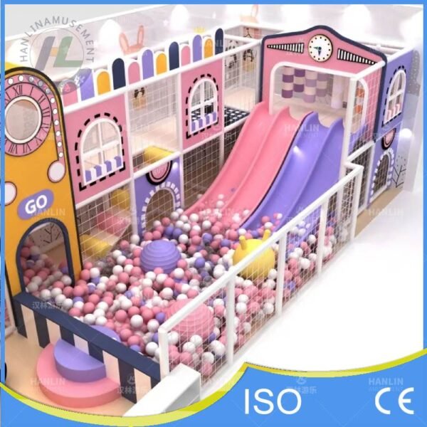 Pastel Pink And Purple Double Slide With Ball Pit Indoor Playground