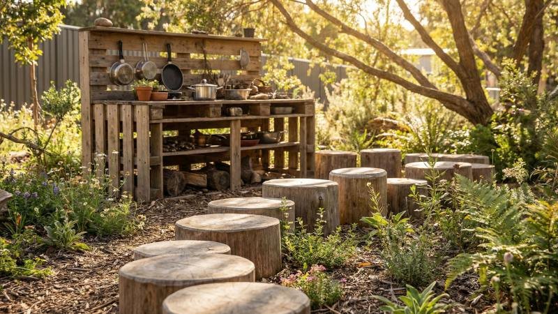 Wooden Log Stepping Stones And Mud Kitchen In Garden