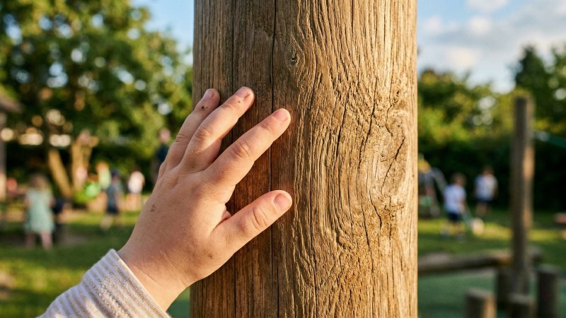Child Touching Natural Timber Playground Surface