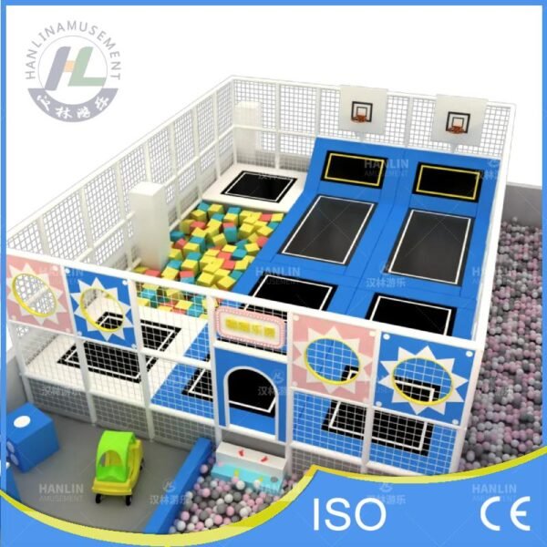 Enclosed Trampoline Park with Foam Pit and Basketball Hoops
