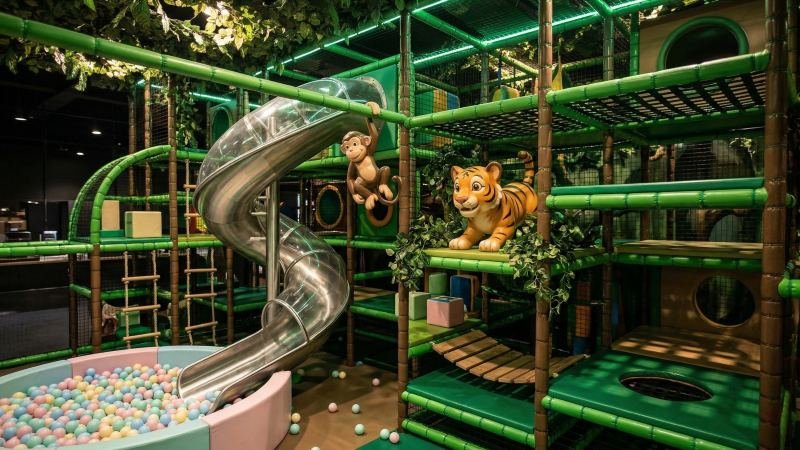 Immersive jungle themed indoor playground closer view
