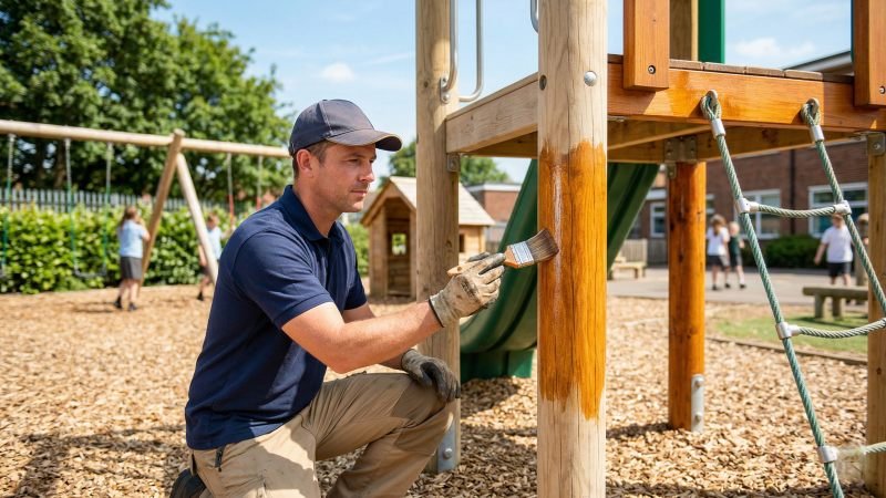Maintenance Worker Staining Wooden Playground Post