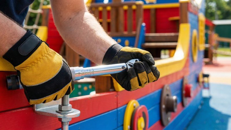 Maintenance Worker Tightening Playground Bolts