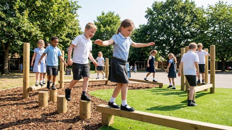 Primary Students Navigating Wooden Trim Trail