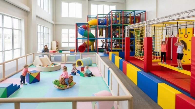 clearly segmented indoor play zones by age