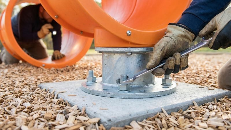 maintenance worker checking secure playground tunnel anchoring flange