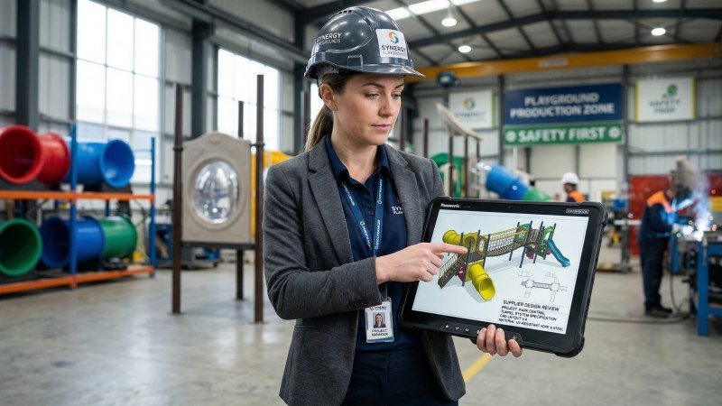 project planner reviewing commercial playground tunnel sourcing layout