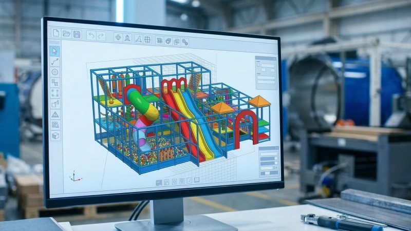 realistic 3D playground model in technical interface