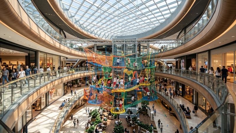 Bustling Mall Atrium Climbing Net