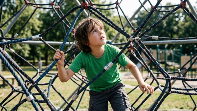 Child Focused on Navigating Complex Rope Puzzle